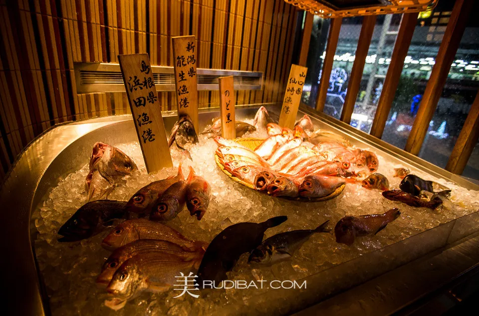 Fish Market – Restaurant fresh fish display Shimbashi Station AreaTokyo Japan.